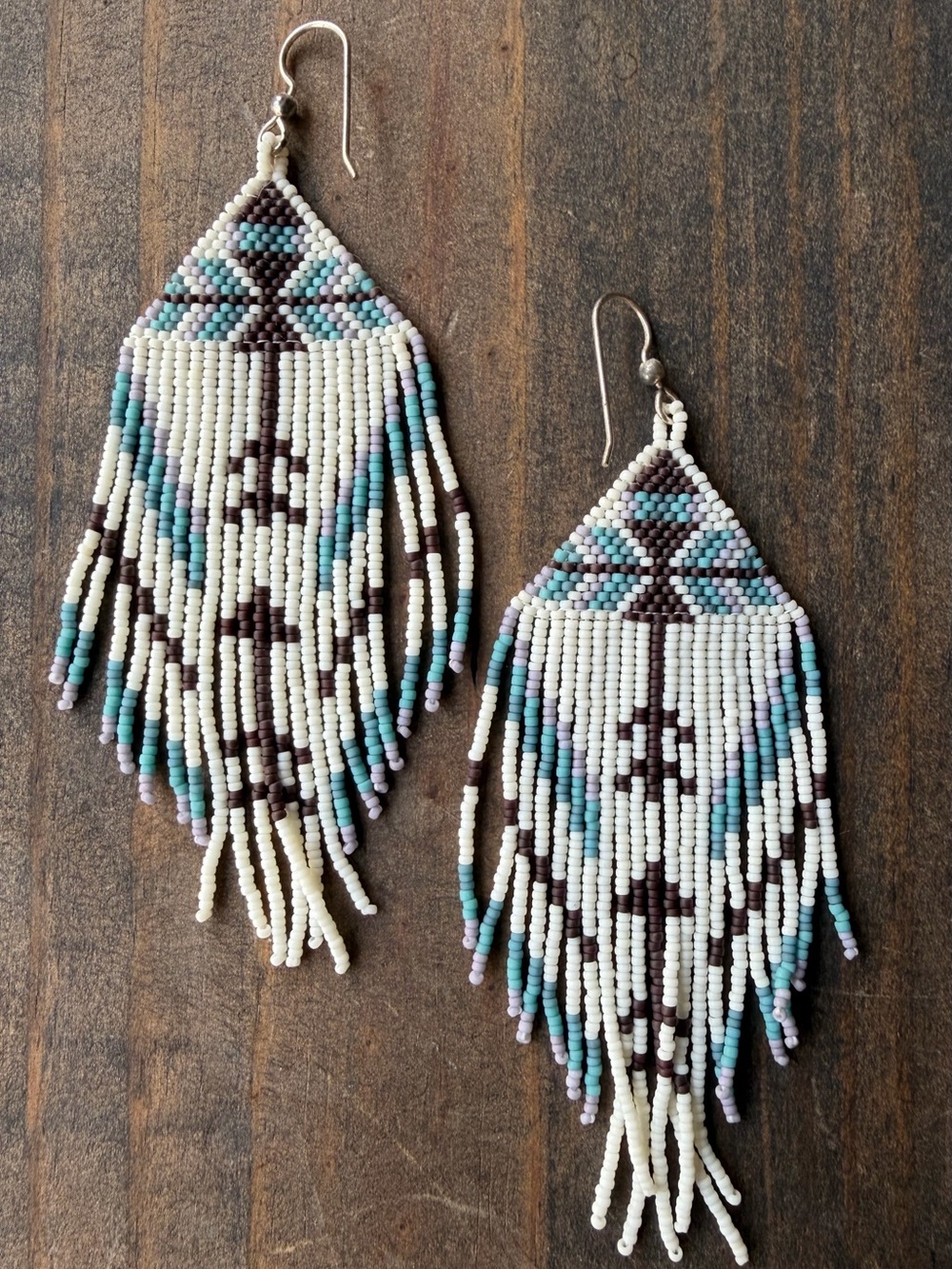 Handmade Beaded Fringe Earrings in Blues & Brown